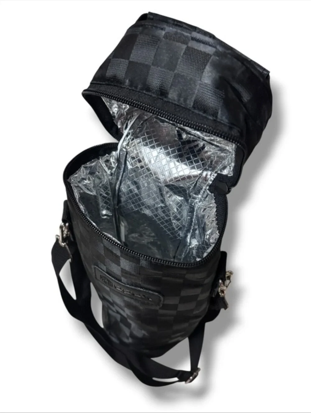 OPUX Checkered Black Insulated Wine Bottle Carrier Bag Adjustable Strap
